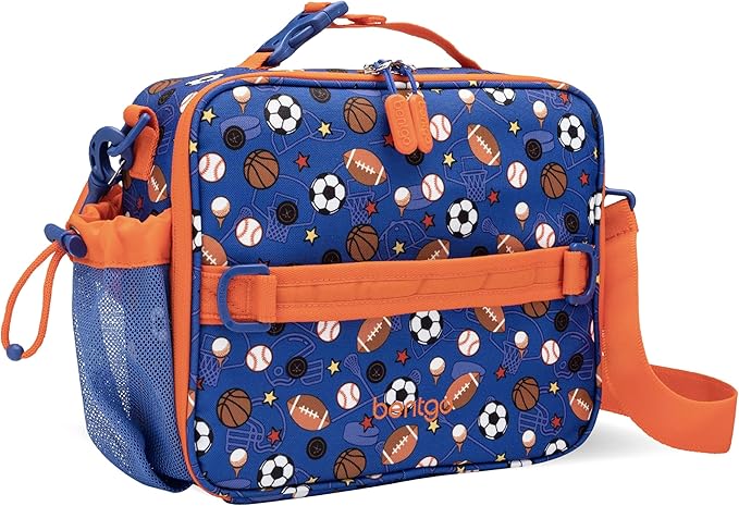 Bentgo Kids Lunch Bag - Durable, Double-Insulated Lunch Bag for Kids 3+; Holds Lunch Box, Water Bottle, & Snacks; Easy-Clean Water-Resistant Fabric & Multiple Zippered Pockets (Sports)
