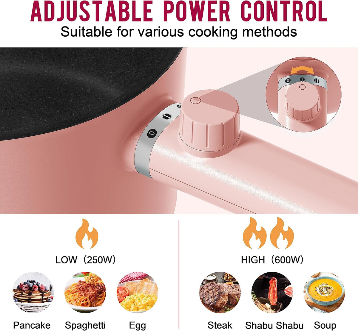 Topwit Hot Pot Electric, 1.5L Ramen Cooker, Portable Non-Stick Frying Pan, Electric Pot for Pasta, Steak, BPA Free, Electric Cooker with Dual Power Control, Over-Heating & Boil Dry Protection, Pink