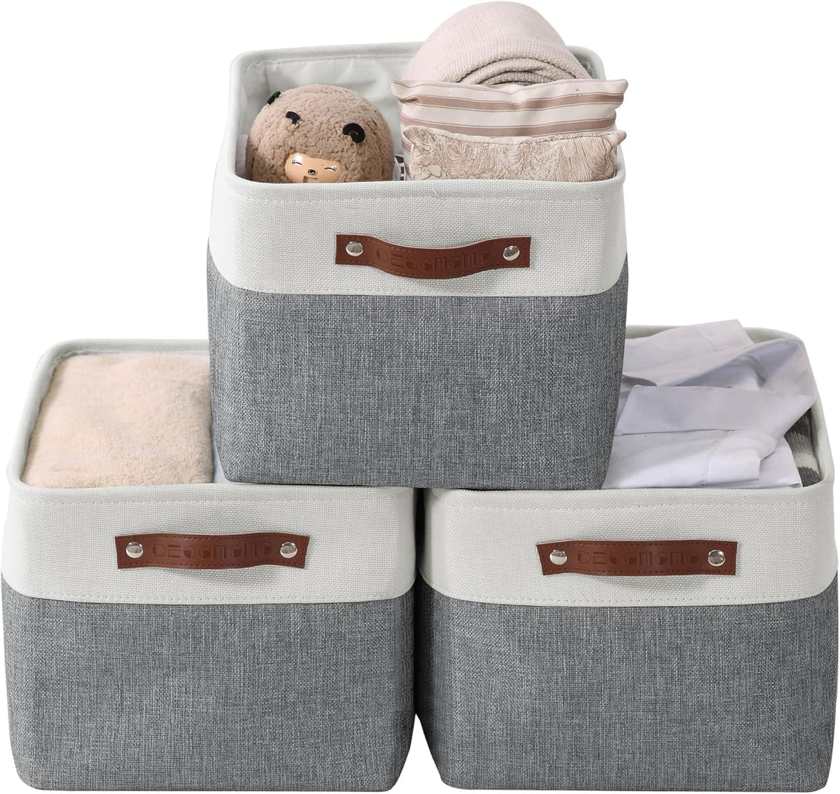 DECOMOMO Storage Baskets for Shelves - Fabric Storage Bins, Linen Closet Organizers and Storage (Slate Grey & White, Large - 3 Pack)