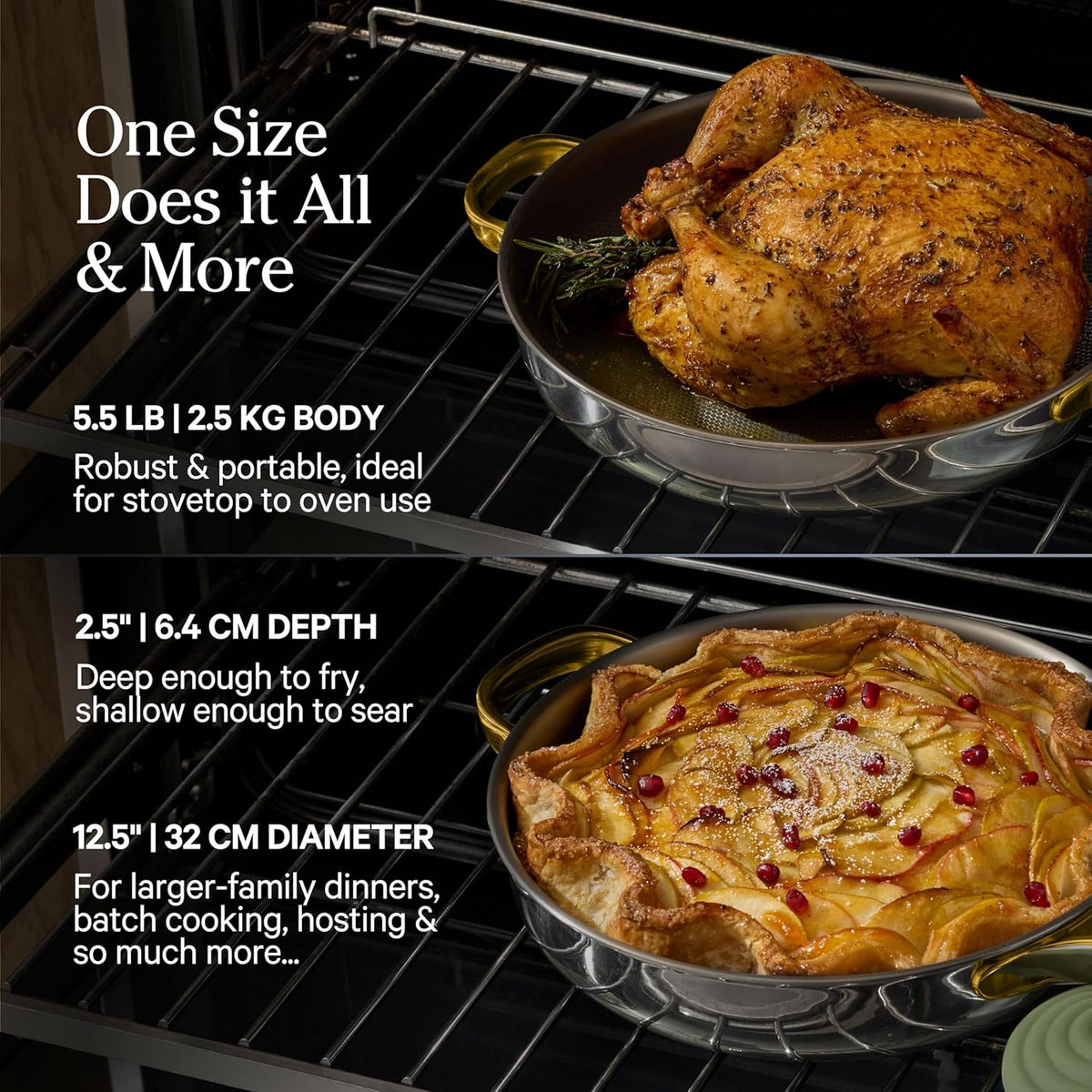 Our Place Titanium Large Always Pan Pro - 12.5” (4.2 Qt) No-Coating Nonstick Skillet | Tri-Ply Titanium & Stainless Steel | Safe for Oven, Induction & Cooktops up to 750°F | Includes Spatula | Gold