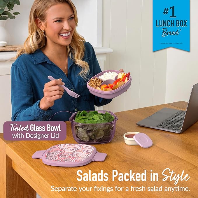 Bentgo Glass Prints All-in-One Salad Container - 61oz Tinted Glass Salad Bowl with Lid, Bento-Style Tray, Sauce Container, & Reusable Fork - Dishwasher & Microwave Safe (Floral Maximalist - Bouquet)