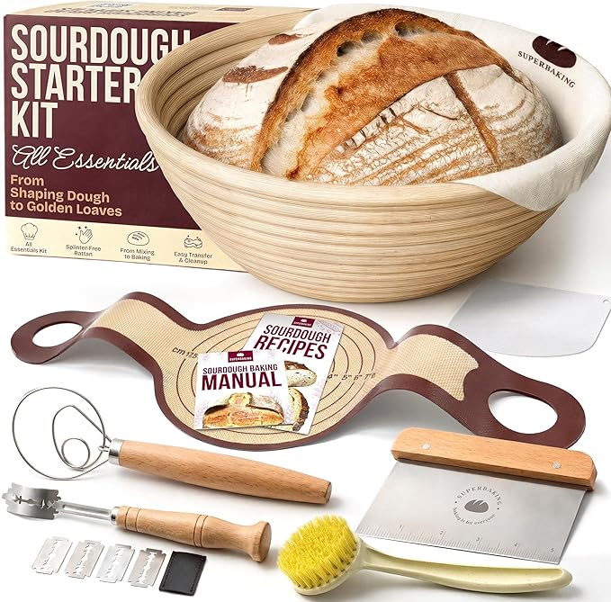 Superbaking Sourdough Starter Kit, 9" Round Banneton Bread Proofing Basket Set, Sourdough Bread Baking Supplies, Sourdough Tools with Silicone Bread Sling, Bread Making Tools, Baking Gifts