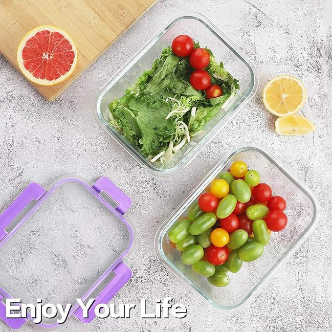 10 Pack Borosilicate Glass Meal Prep Containers with Locking Lids, Glass Food Storage Containers Set, Airtight Lunch Bento Boxes, BPA-Free & Leak Proof, 36oz & 14oz, Freezer, Oven Safe-Purple