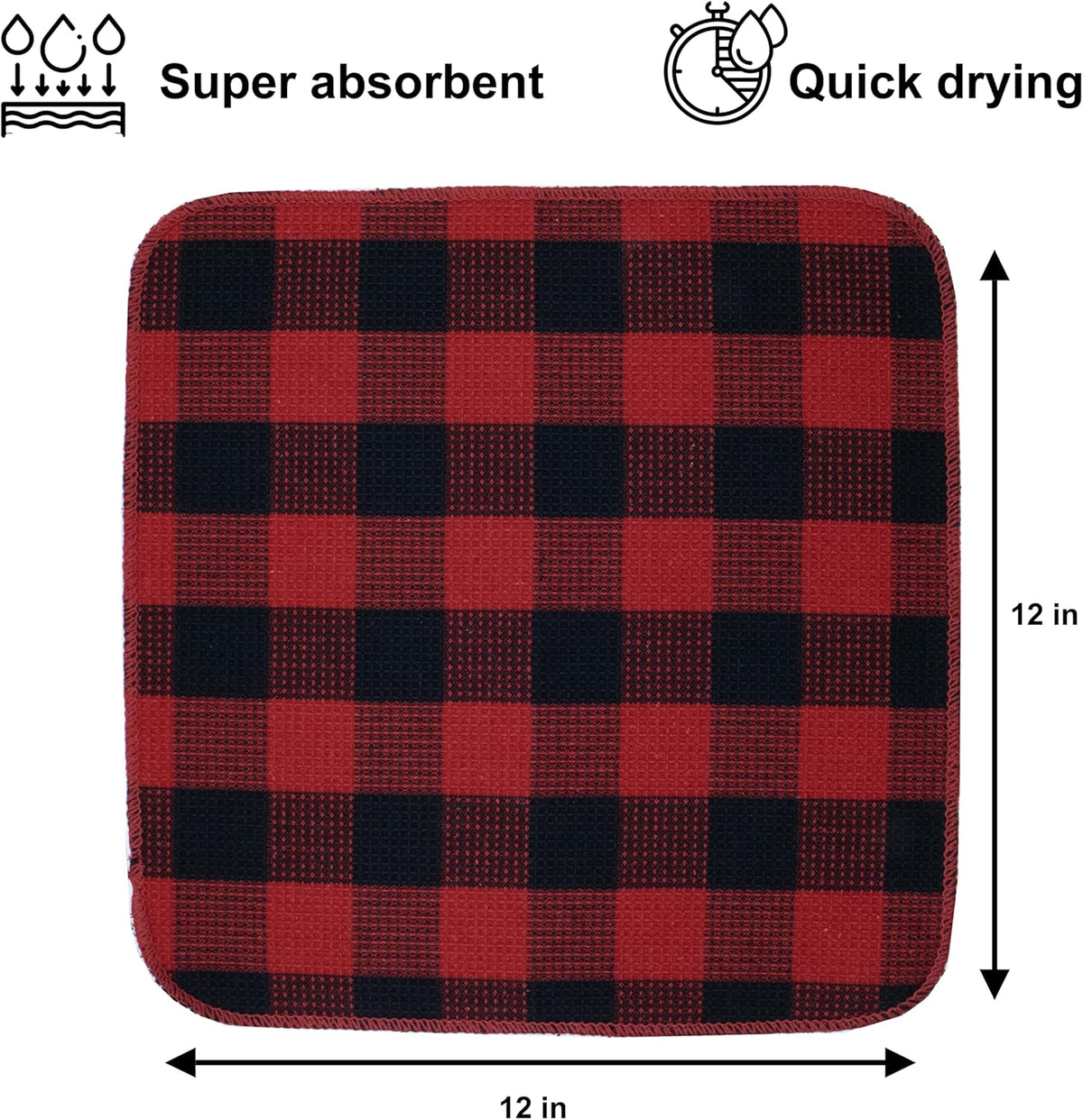Waffle Weave Plaid Dish Cloths, 100% Cotton - 12 x 12 Inches, Ultra Soft Absorbent Quick Drying Dish Towels Buffalo Check Dish Rags for Kitchen, 8 Pack - Spring and Summer - Red & Black