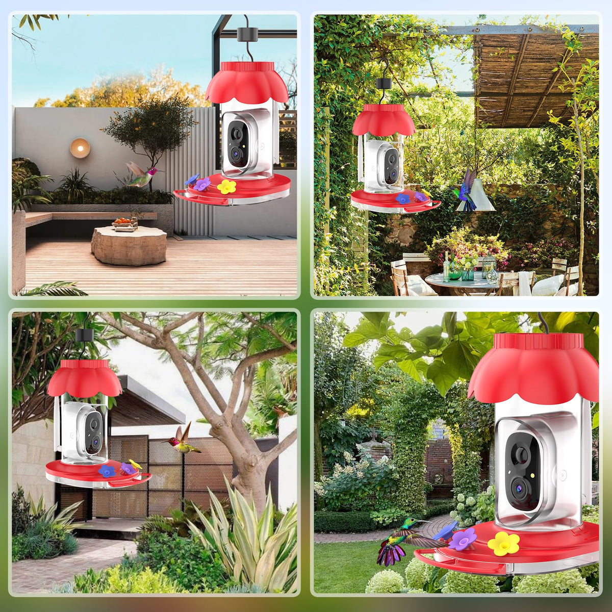 Smart Hummingbird Feeder with Camera Solar Powered, 2K Live View Humming Bird Watching Camera, AI Identify, Instant Notifications, Ant and Bee Proof, 3 Color Feeding Ports,Hanging on Porch Patio