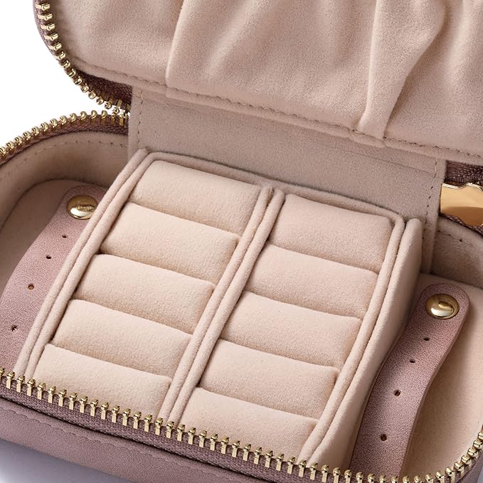 HISCOW Vegan Leather Travel Jewelry Case with Zipper - Portable Necklace & Earring Holder Organizer for Women Girls, Velvet-Lined Ring Box with Anti-Tarnish Design, Grayish Purple