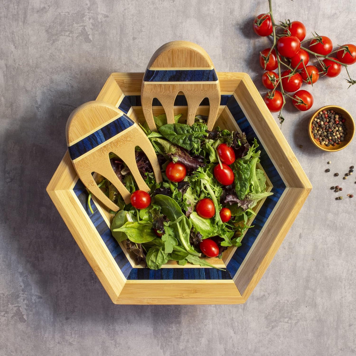 Totally Bamboo Baltique Malta Collection 14" Salad Serving Bowl with Salad Hands, Bamboo and Colored Birch Wood