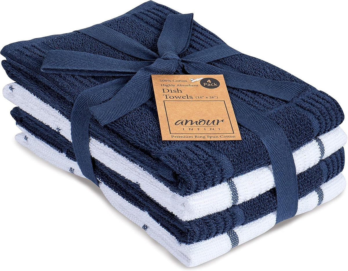AMOUR INFINI Kitchen Towels Pack of 4 Absorbent, Quick Drying Premium Terry Cotton Dish Towel with Hanging Loop 16x28 Inch Hand & Tea Towels (Blue)