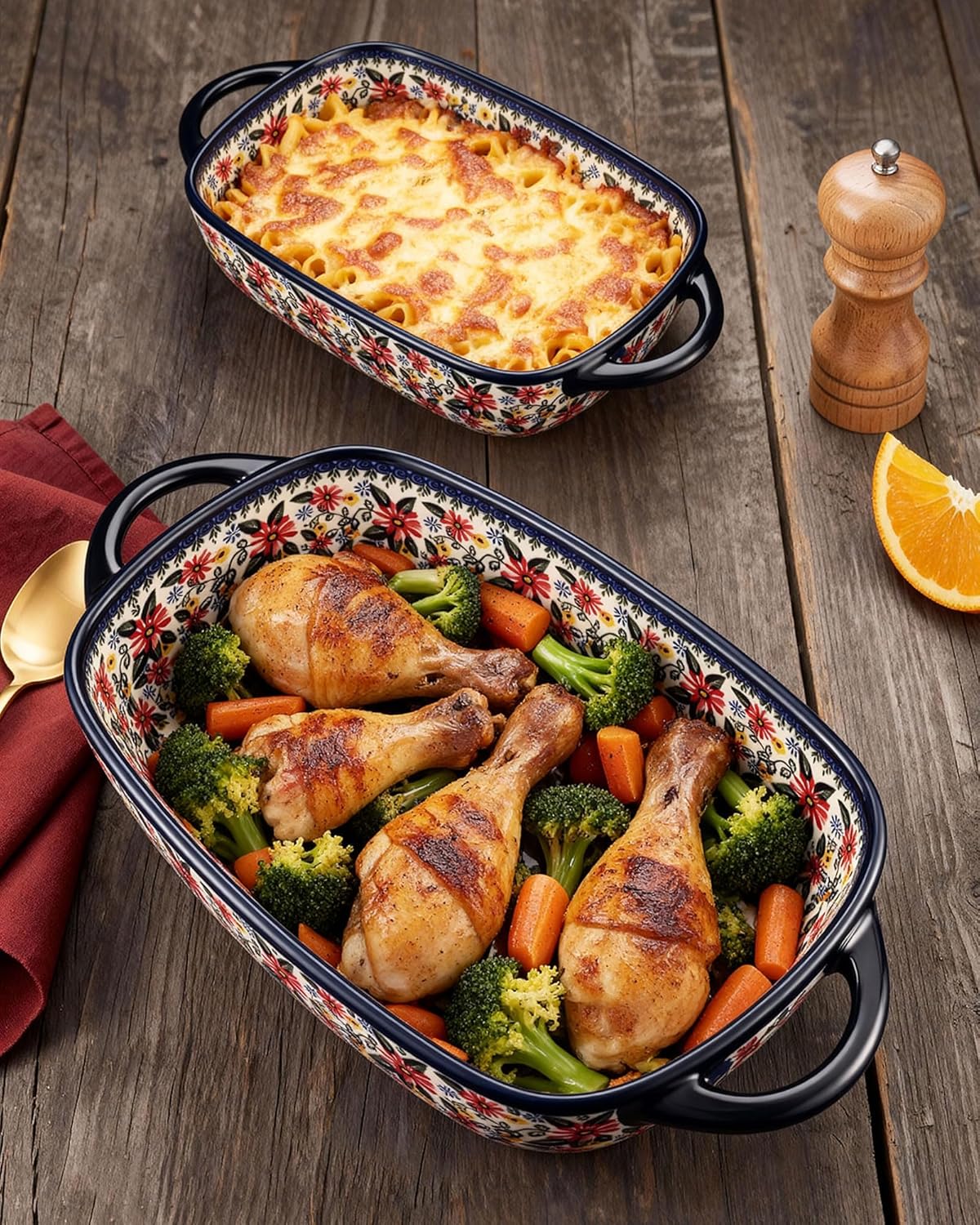 Polish Pottery Style Ceramic Baking Dish Set of 2 – Decorative Casserole Dishes with Handles, Cute Oven-Safe Lasagna Bakeware Gift Set