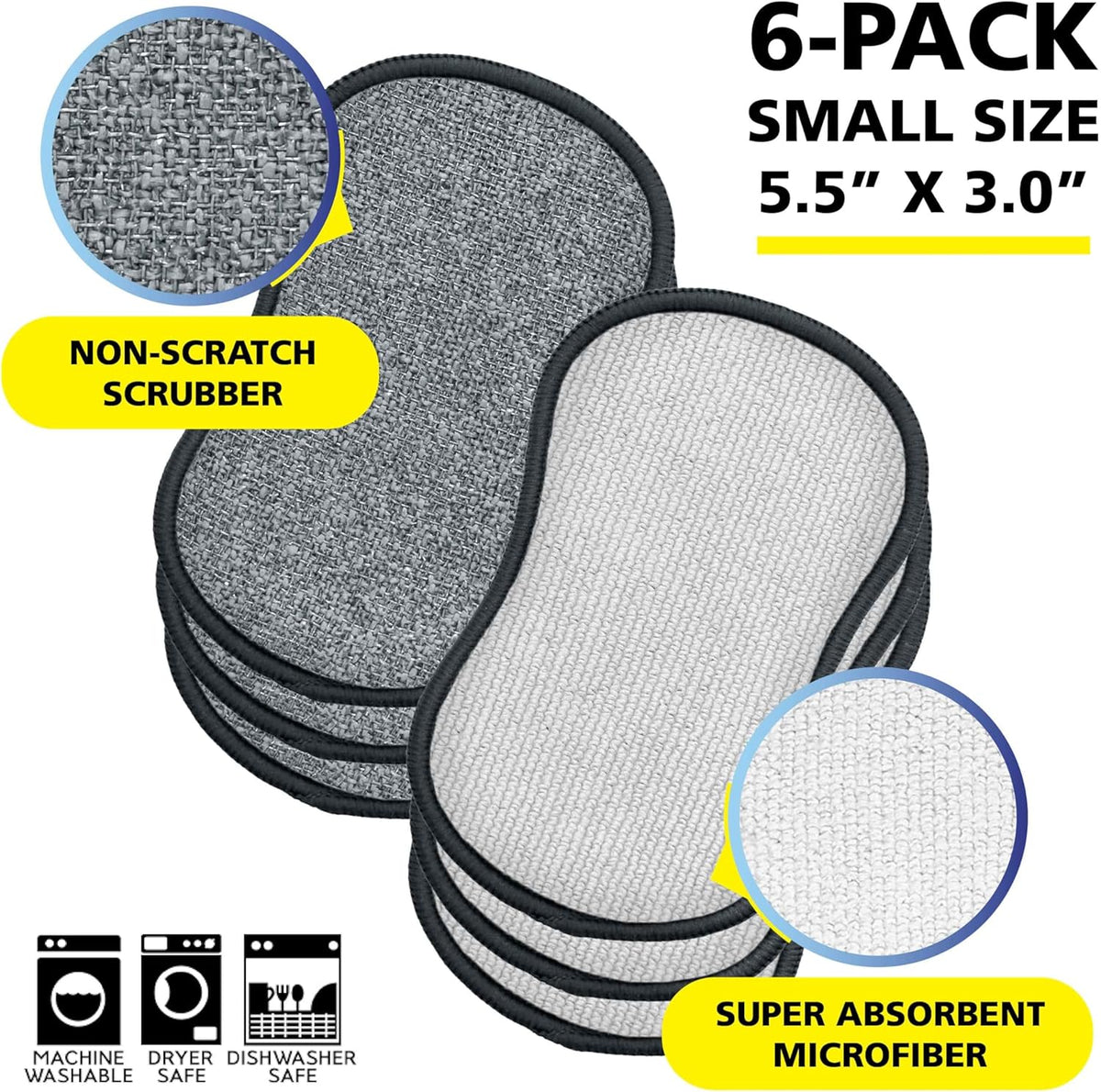 Fresh Scrub-N-Wipe Pad by Tuff-Scrub, 6-Pack, Antimicrobial & Charcoal Foam for Odor Control, Microfiber, Multi-Surface, Non-Scratch, Dual-Sided, Machine Washable, Kitchen Sponge (Small)