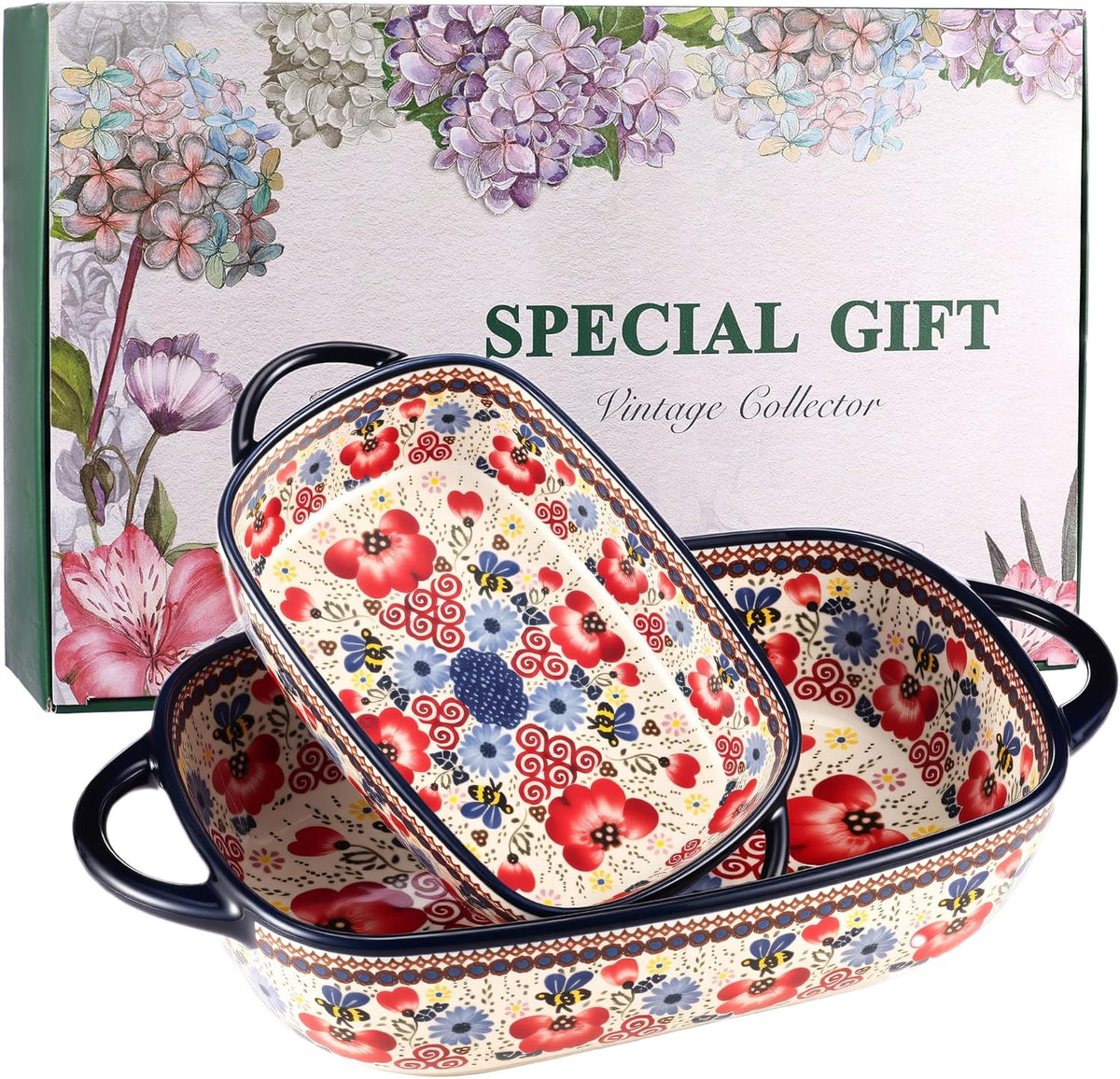 Polish Pottery Style Ceramic Baking Dish Set of 2 – Decorative Casserole Dishes with Handles, Cute Oven-Safe Lasagna Bakeware Gift Set