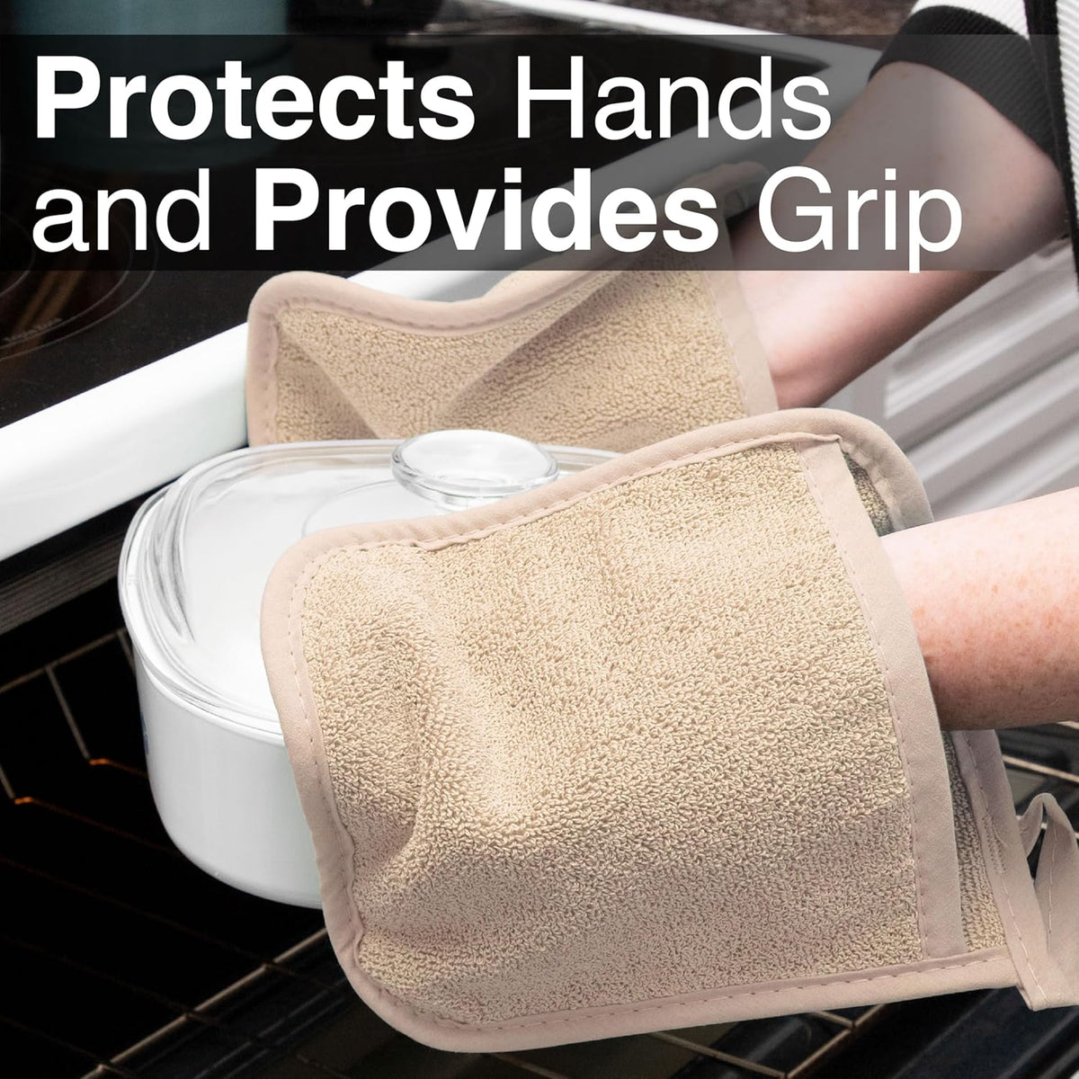 RITZ Terry Pocket Mitt & Hot Pad: Unparalleled Heat Resistant, Durable 100% Cotton,Ergonomically Designed for Optimal Grip, Easy-Care Machine Washable 4-Pack, Latte