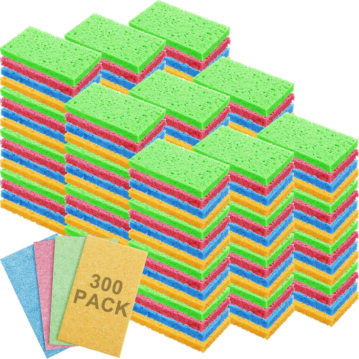 Zhengmy 300 Pieces Kitchen Sponge Bulk Natural Sponges for Dishes Compressed Wood Pulp Sponges Cleaning Sponge Without Scratching for Kitchen Bathroom, 3.9 x 2.4 x 0.12 Inch (Multicolor)