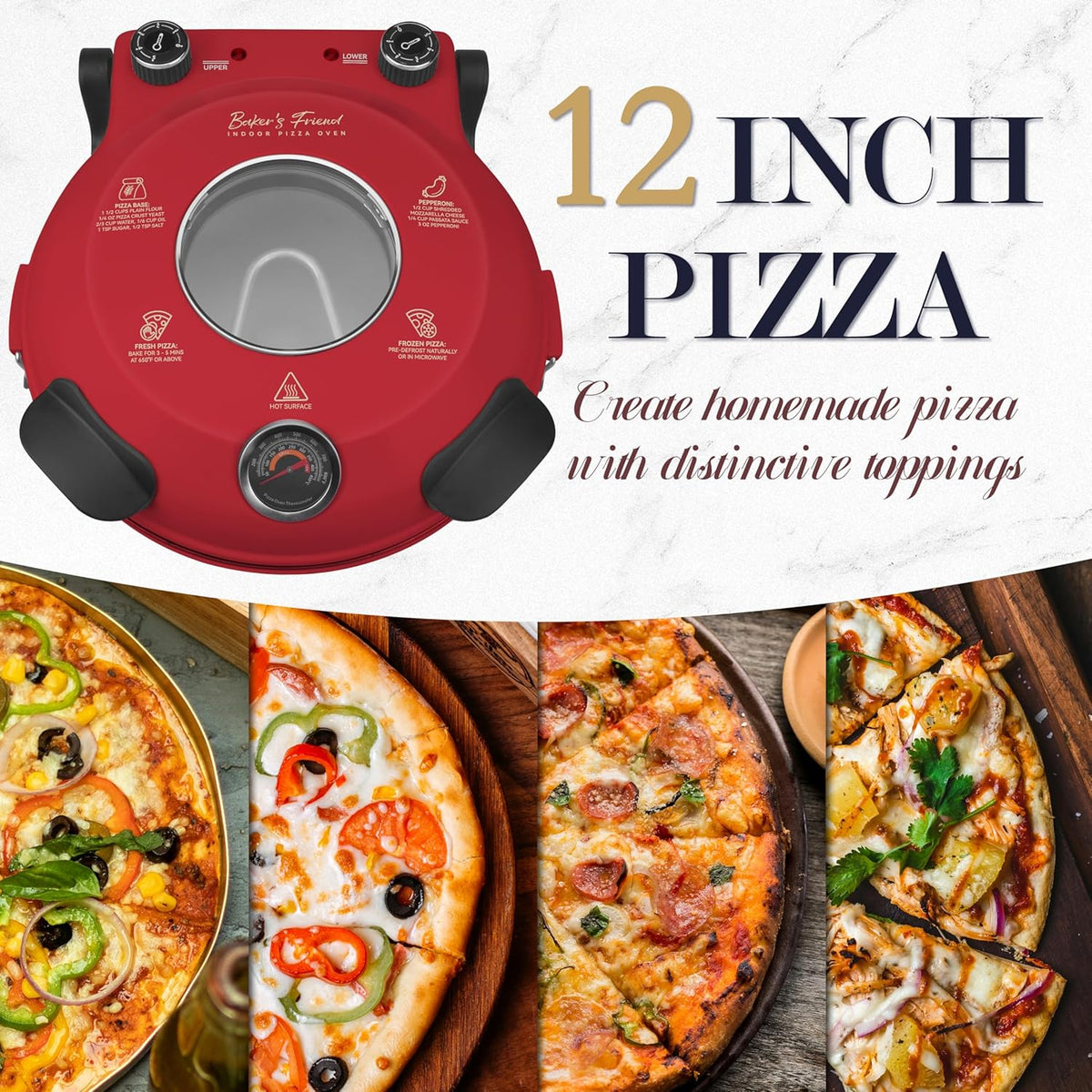 Baker’s Friend Electric Pizza Oven Indoor Countertop, 12 Inch Pizza Maker Machine for Home, Pizza Cooker & Pizza Grill, Premium Glazed Ceramic Stone Pizza Oven, Chilli Red
