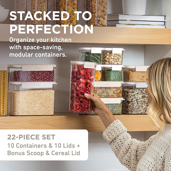 Bentgo Pantry - 22-Piece Airtight Food Storage Containers, Clear and Stackable Kitchen and Pantry Organization Set, Locking Lids for Freshness, Bonus Cereal Lid & Scoop, BPA-Free Plastic (White Stone)