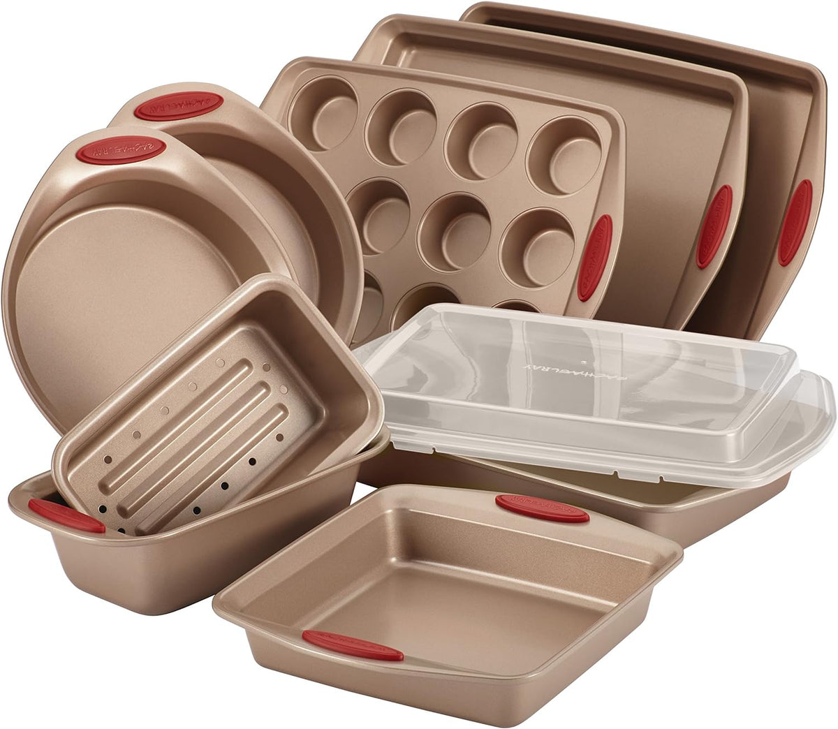 Rachael Ray Cucina Nonstick Bakeware Set Baking Cookie Sheets Cake Muffin Bread Pan, 10 Piece, Latte Brown with Cranberry Red Grips & KitchenTools and Gadgets Nylon Cooking Utensils, 2 Piece, Red