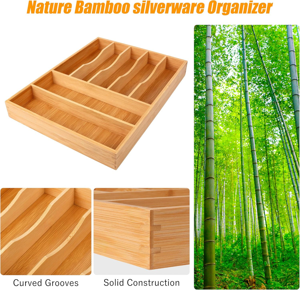 Bellsal Bamboo Silverware Drawer Organizer, Kitchen Utensil Drawer Organizers, 12"x15.7" Utensils Holder Cutlery Tray with Grooved Drawer Dividers for Kitchen Flatware Bedroom Office(7 Slot, Natural)