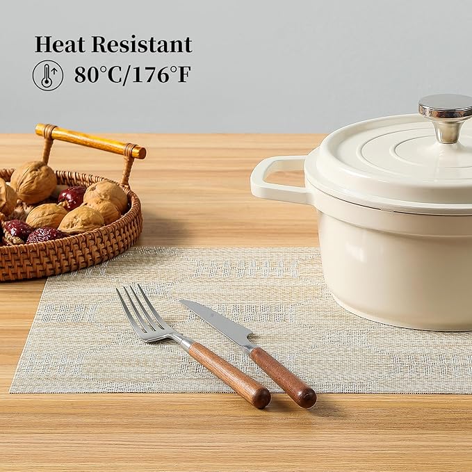 Leetaltree Wheat Placemats Set of 12 - Heat Resistant Non-Slip Place mats for Dining Table, Washable Durable PVC Vinyl Woven Table Mats（Wheat, 12）