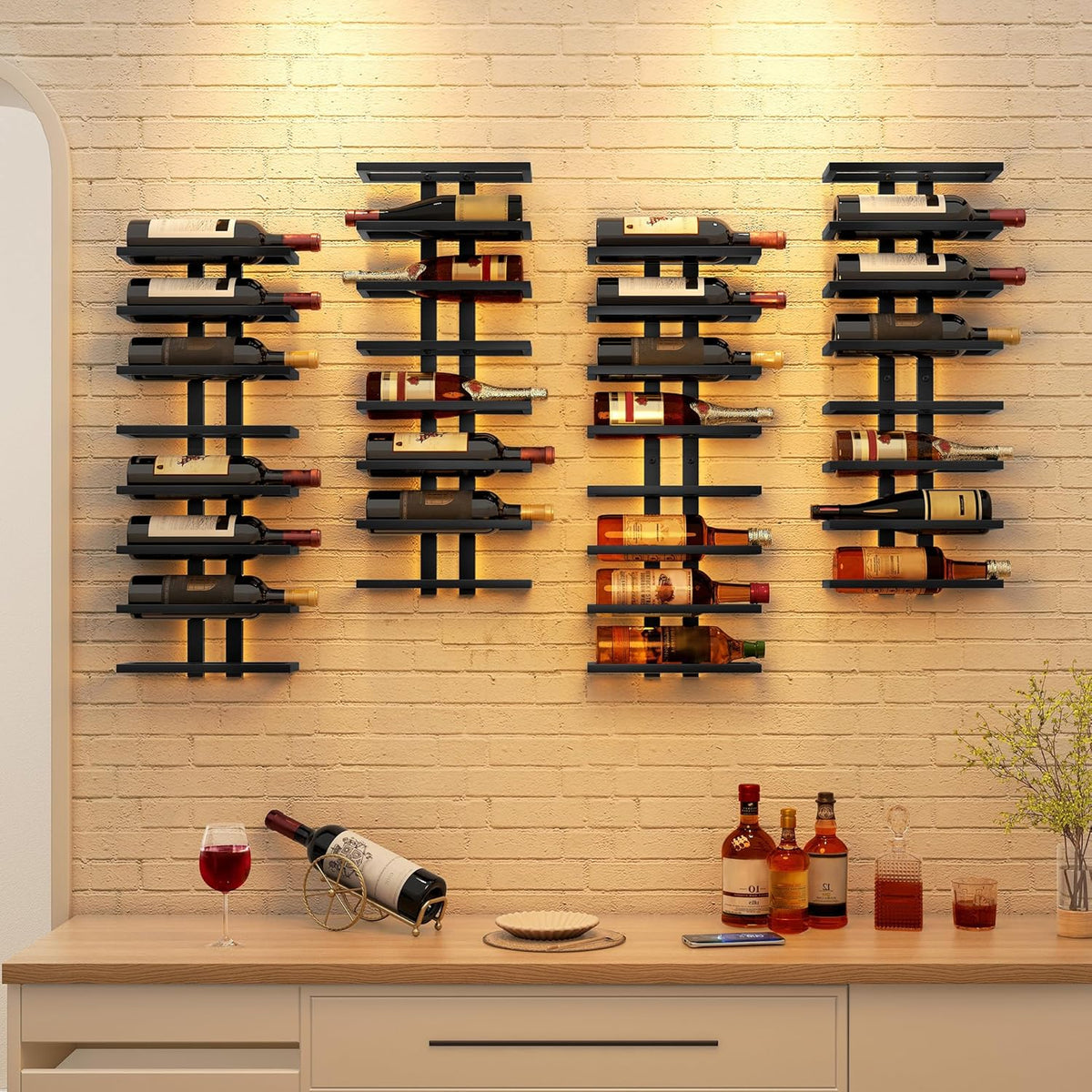 Hoctieon 3-Set 8 Tier Wall Mount Wine Rack (24 Tiers), Wall Racks for Wine Bottles Display and Storage, Hanging Bottle Organizer for Living Room, Dining Room, Wine Cellar, Bar, Black