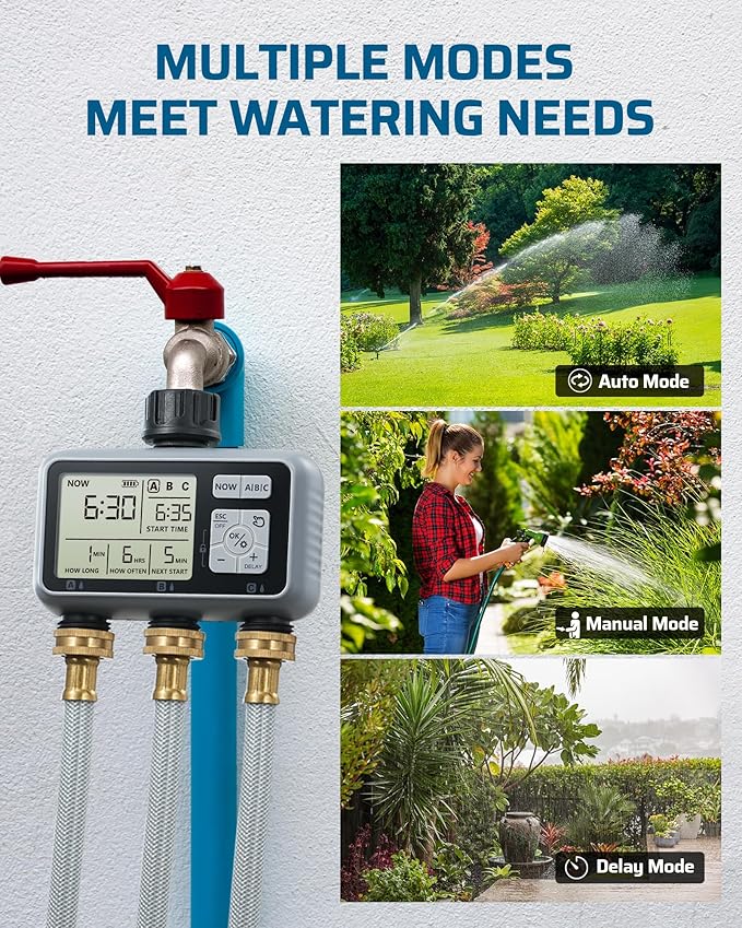 DEWENWILS 3 Zone Sprinkler Timer, Outdoor Water Timer, Programmable Hose Faucet Controller, Automatic Garden Watering System for Garden, Lawn, Yard