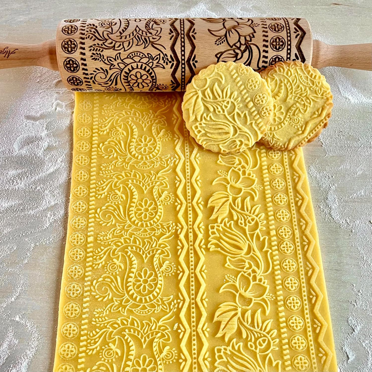 ECHO Embossing Rolling Pin with Ornamental Bloom Pattern – Dough and Clay Roller for Embossed Cookies and Pottery - Cookie and Ceramic Stamp - Baking Gifts for Women by Algis Crafts