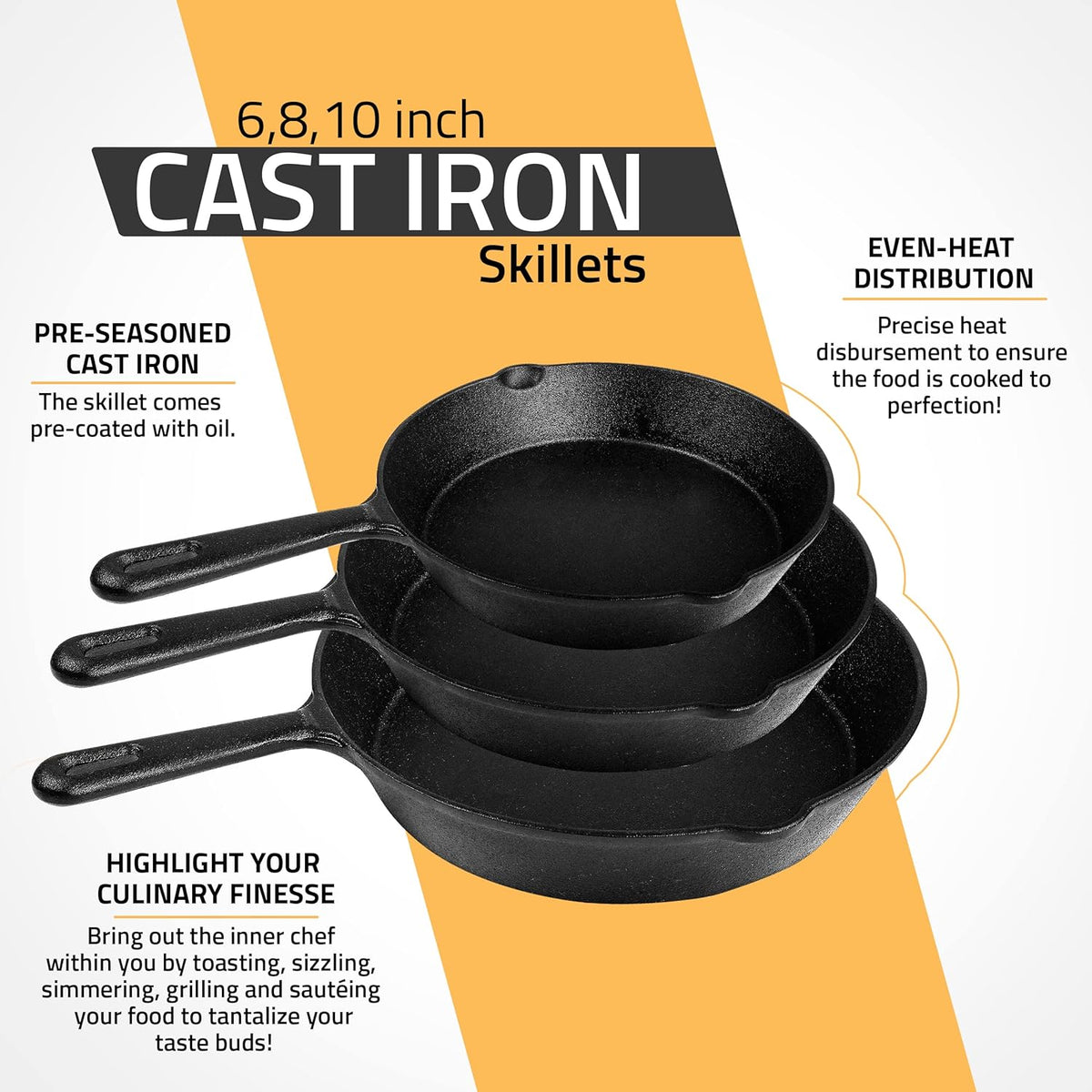Utopia Kitchen Cast iron Skillets 3 Piece Set, Chefs Pan, Pre Seasoned Cast iron Skillets, 6, 8 & 10 Inches, Easy Use in the Oven, Stove, Grill, or Campfire, Black
