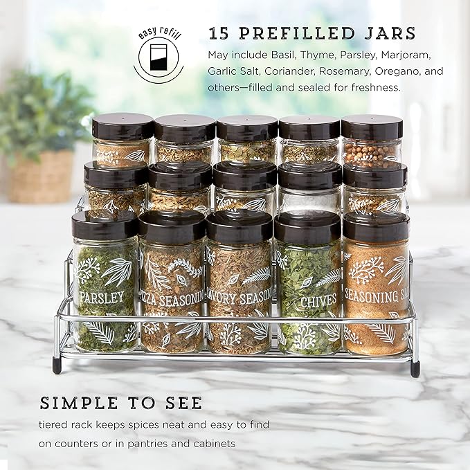 Kamenstein 15 Jar Lincoln Countertop Spice Rack with Spices Included, FREE Spice Refills for 5 Years, Chrome with Black Caps , 9.5 x 5.8 x 9