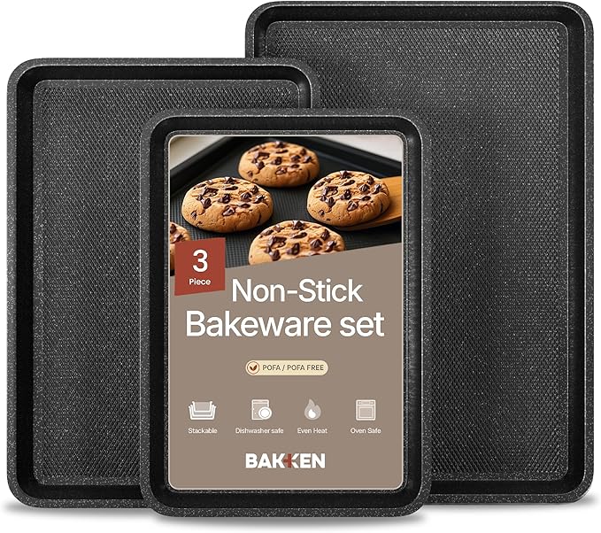 BAKKEN Kitchen Baking Pans - Small, Medium, and Large Cookie Pan (13.58×9.65, 15.75×11, 17.91×12.60), Nonstick, Diamond Texture Bottom, PFOA, PFOS, PTFE Free, Oven Safe (450°F), Pack of 3, Gray Marble