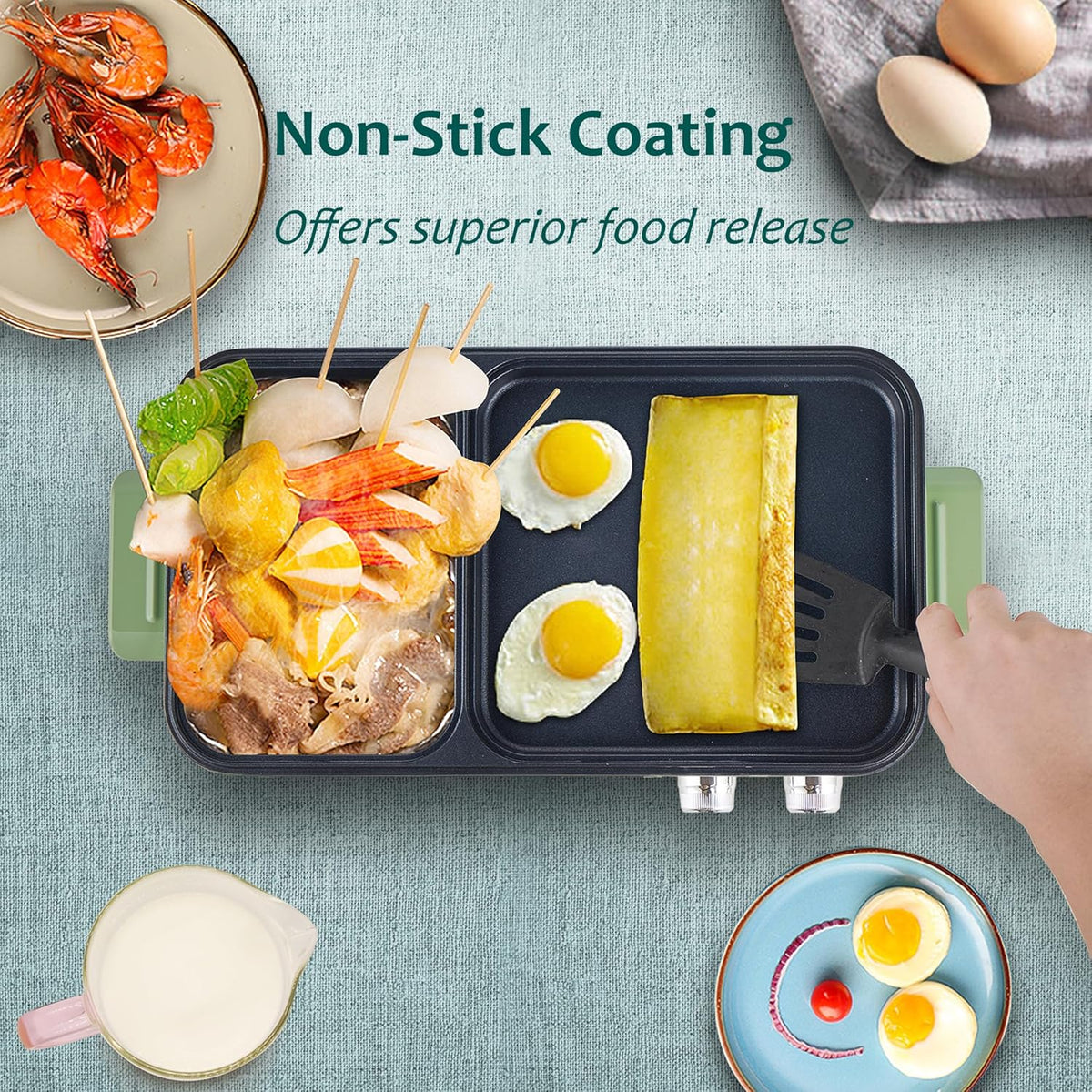 Topwit Hot Pot Electric with Grill, 2 in 1 Indoor Non-Stick Electric Pot and Griddle for Korean BBQ, Steaks, Shabu Shabu and Noodles, Independent Dual Temperature Control, Fast Heating, Green