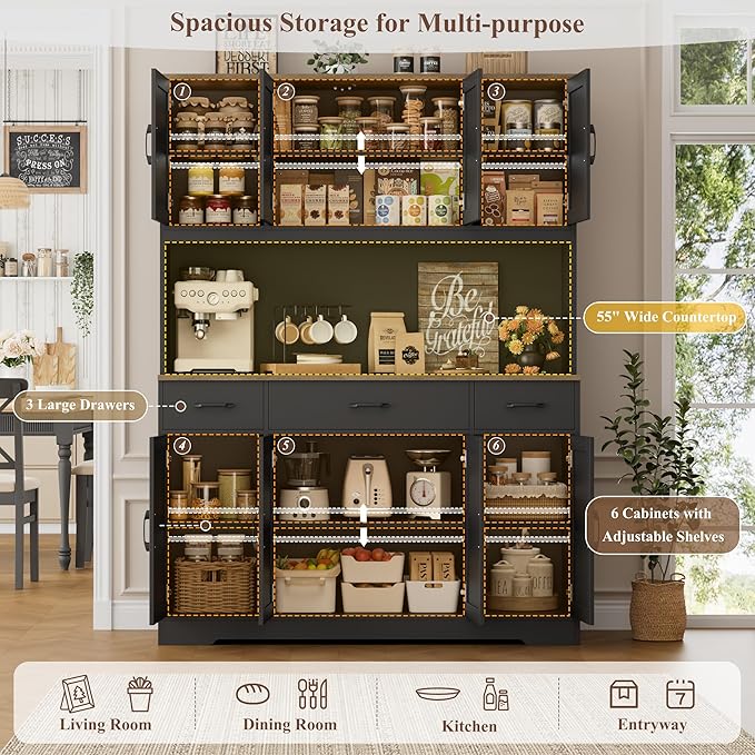 HOSTACK 71" Tall Kitchen Pantry Storage Cabinet with Charging Station, 55" Wide Kitchen Hutch Cabinet with Large Countertop, Farmhouse Food Pantry with Drawers for Living Room (Black)