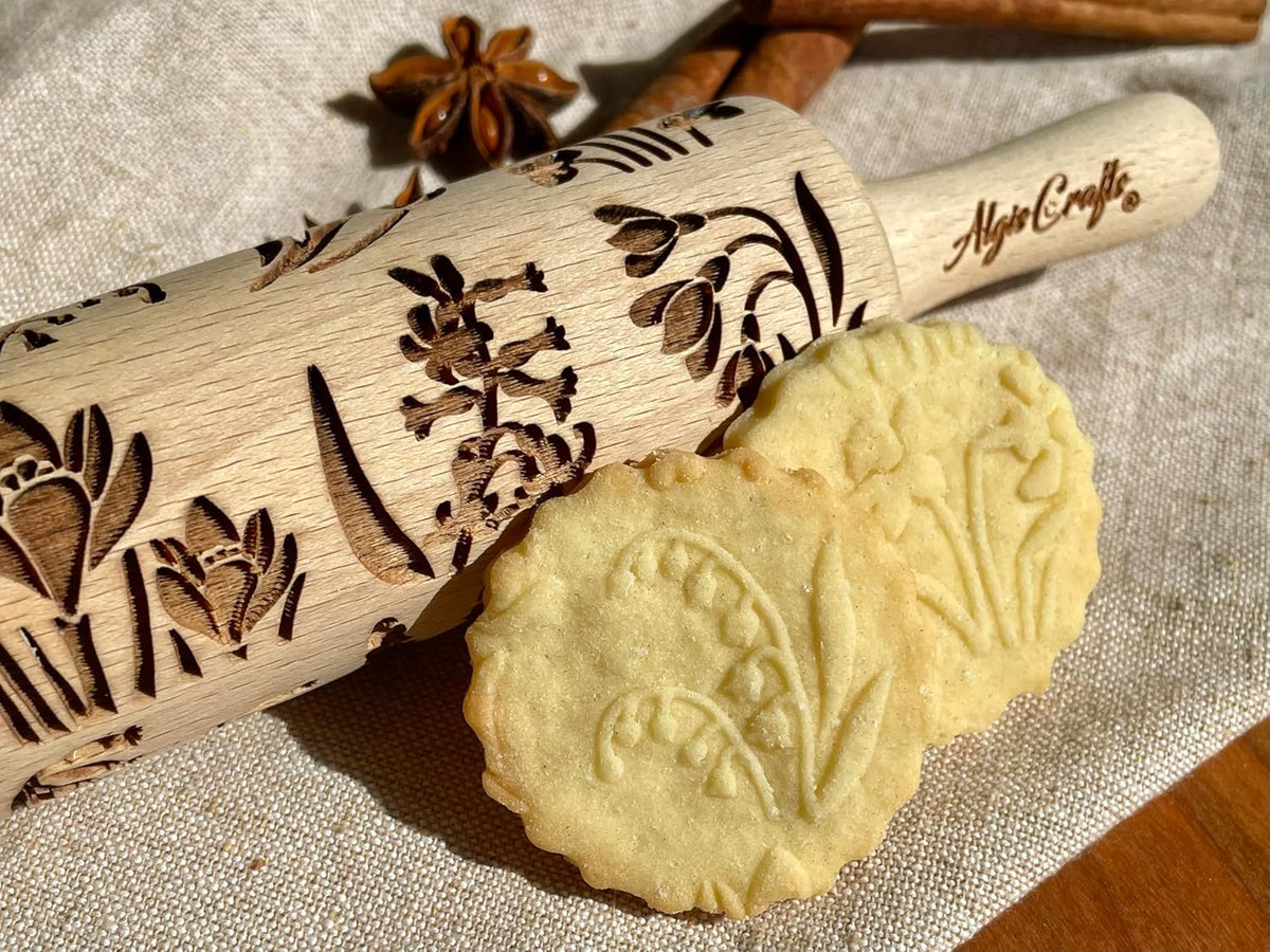 SEASONS 3 Mini Embossed Rolling Pin Set. Wooden Laser Cut Mini Rolling Pins for cookies or clay with spring flowers, tulips, daffodils, strawberries, raspberries, birch, trees by Algis Crafts