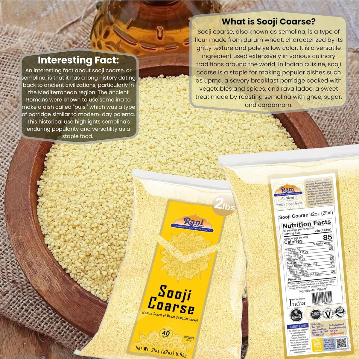 Rani Sooji Coarse (Farina, Suji, Rava, Rawa, Wheat Semolina) Flour 32oz (2lbs) 908g ~ All Natural | Vegan | NON-GMO | Kosher | Indian Origin