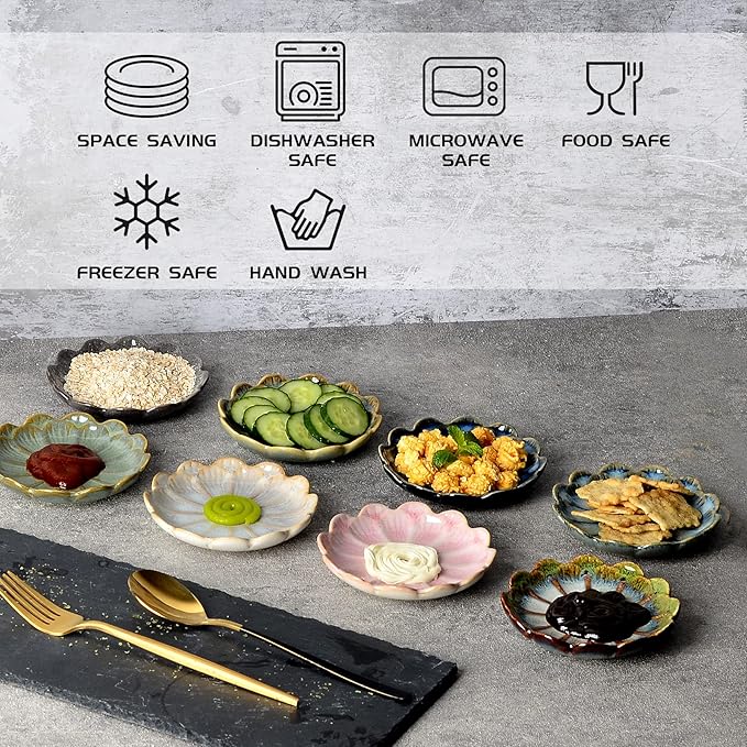 Ceramic Dipping Bowls Set of 8, 3 oz Sauce Cups, Chrysanthemum Round Small Side Dish for Sushi, Tomato, Soy Sauce, Condiment Finger Bowls
