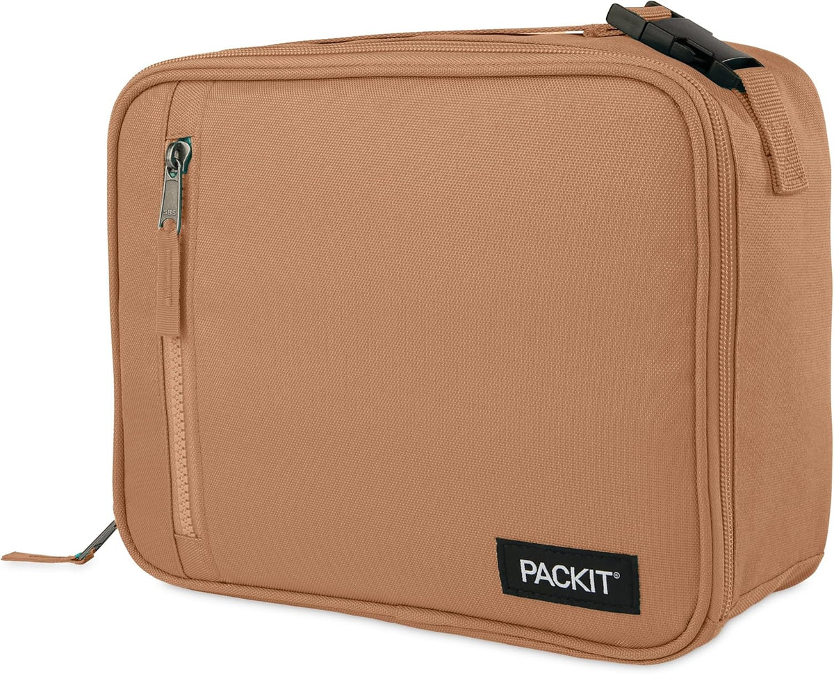 PackIt Freezable Classic Lunch Box, Almond, Built with ECOFREEZE Technology, Collapsible, Reusable, Zip Closure With Zip Front Pocket and Buckle Handle, Designed for Fresh Lunch On the Go