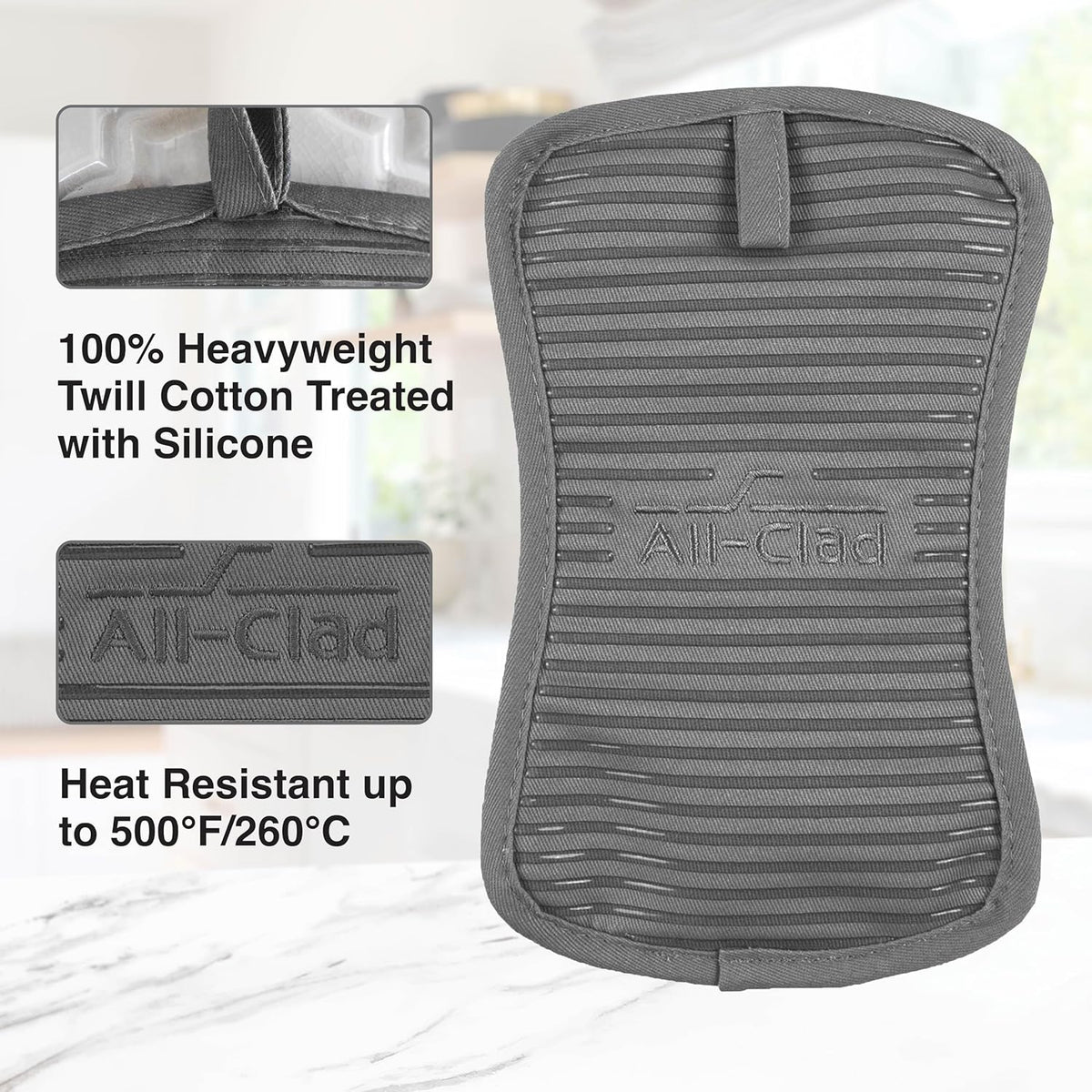All-Clad Premium Pot Holder & Hot Pad: Heat Resistant to 500 Degrees - 100% Cotton, 10""x6.25"" Hot Pad for Kitchen and Barbeque, (1-Pack), Pewter