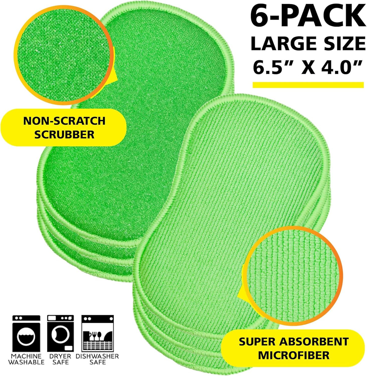Tub-N-Tile by Tuff-Scrub, Large, 6-Pack, Microfiber, Scrub-N-Wipe Pad, Multi-Surface, Non-Scratch, Dual-Sided, Scrubber for Tubs, Tiles, Sinks – Machine Washable, Durable Kitchen Sponge