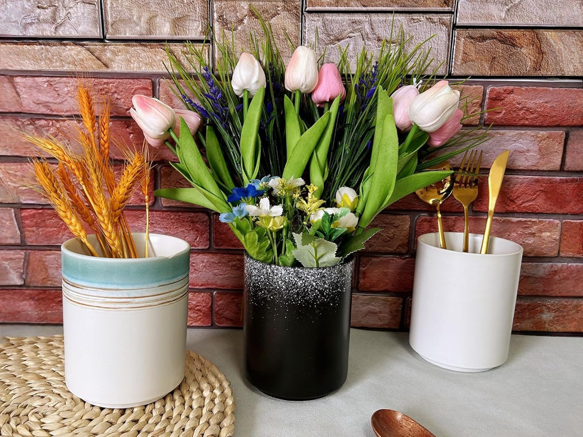 Medium Stoneware Kitchen Utensil Holder for Kitchen Counter Short Cooking Utensil Holder for Countertop Spatula Holder Small Utensil Crock Cutlery Holder Silverware Caddy Flower Vase (White)