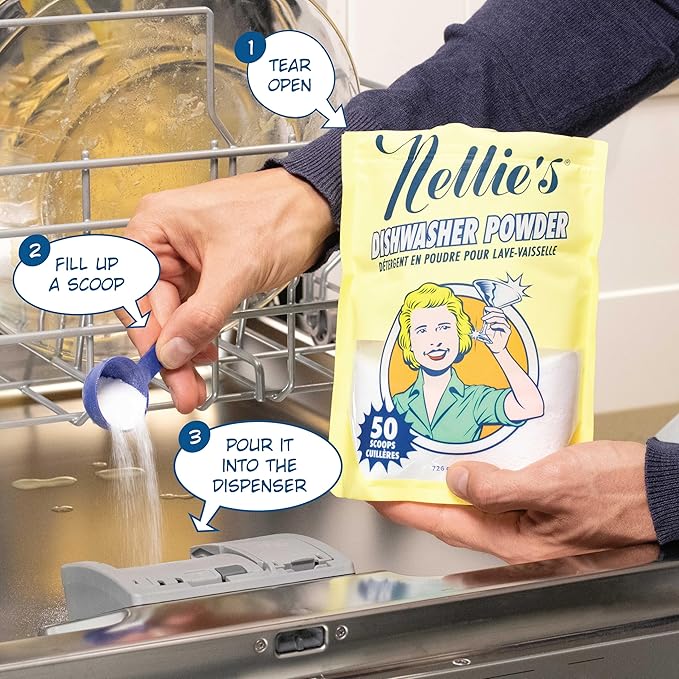 Nellie's Dishwasher Powder - 50 Load - Plant-Based Dishwasher Detergent - Septic Safe, Fragrance-Free - Easily Penetrates Grease & Food Particles - Phosphate-Free - (Made in Canada)