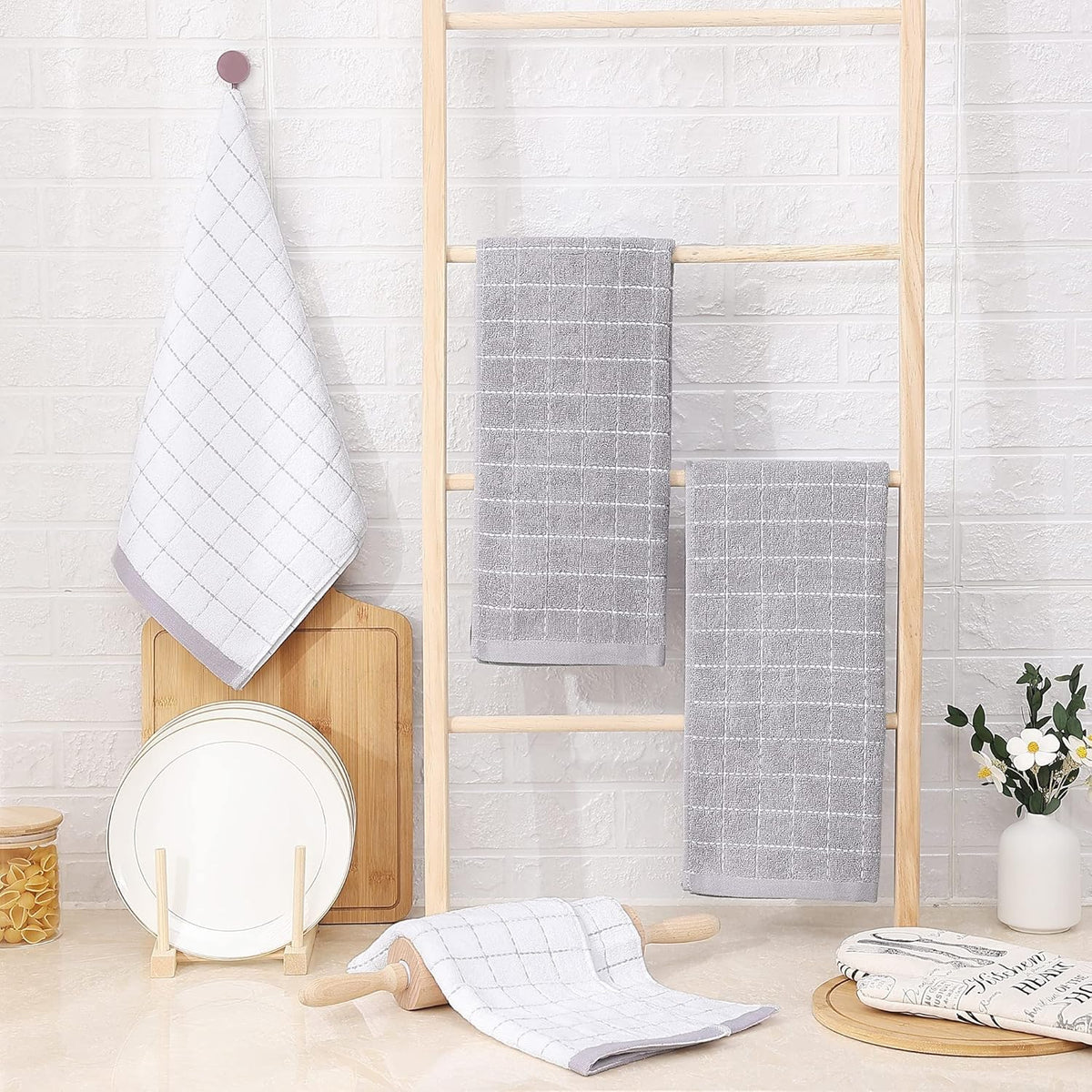 Homaxy 100% Cotton Terry Kitchen Towels(Mixed Color, 13 x 28 Inches), Checkered Designed, Soft and Super Absorbent Dish Towels, 6 Pack