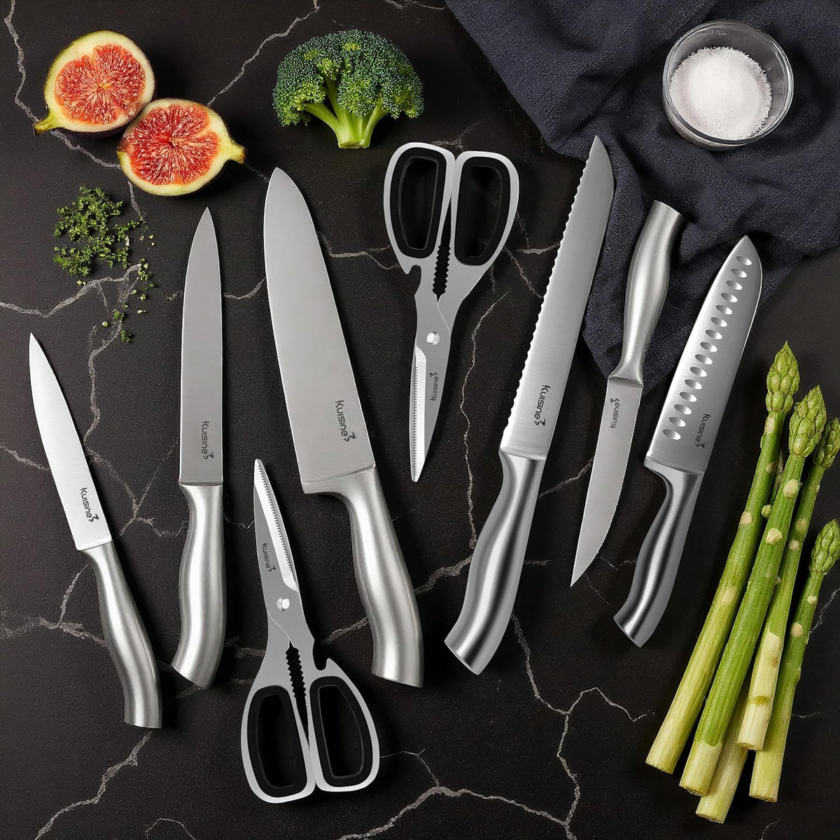 KUISINE Premium Chef Knife Set,High Carbon Stainless Steel Razor-sharp Blade Ergonomic Non-slip Steel Handle,Block Knife Set with Built-in Sharpener(Black Silver,15PCS)