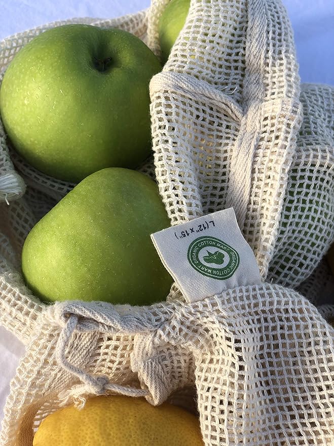 Cotton Mesh Produce Bags - Washable, Organic Cotton Vegetable Storage Bags - Large Net Mesh Onion & Potato Storage Sacks - 14"x18" (6 XL)