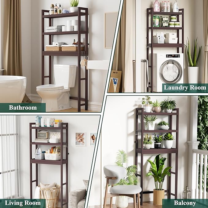 Smiry Over The Toilet Storage Cabinet, 3-Tier Bamboo Bathroom Organizers with Adjustable Shelf & 4 Hooks, Space Saving Shelf Rack for Bathrooms, Laundry Room, Balcony, Brown