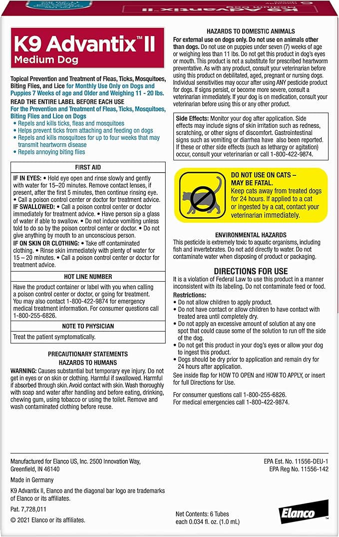 K9 Advantix II Medium Dog Vet-Recommended Flea, Tick & Mosquito Treatment & Prevention | Dogs 11-20 lbs. | 6-Mo Supply (Pack of 2)