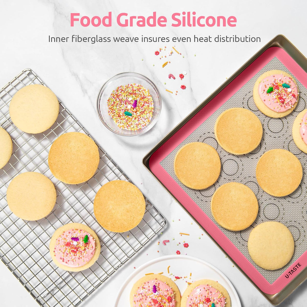 446ºF Heat Resistant Macaron Mat: U-Taste 11x11in Non Stick Silicone Baking Mat, Reusable Cookies Pastry Sheet Liner with Edge Enhancement & Circle Measurement for Square Cake Pan (2 PCS, Pink)