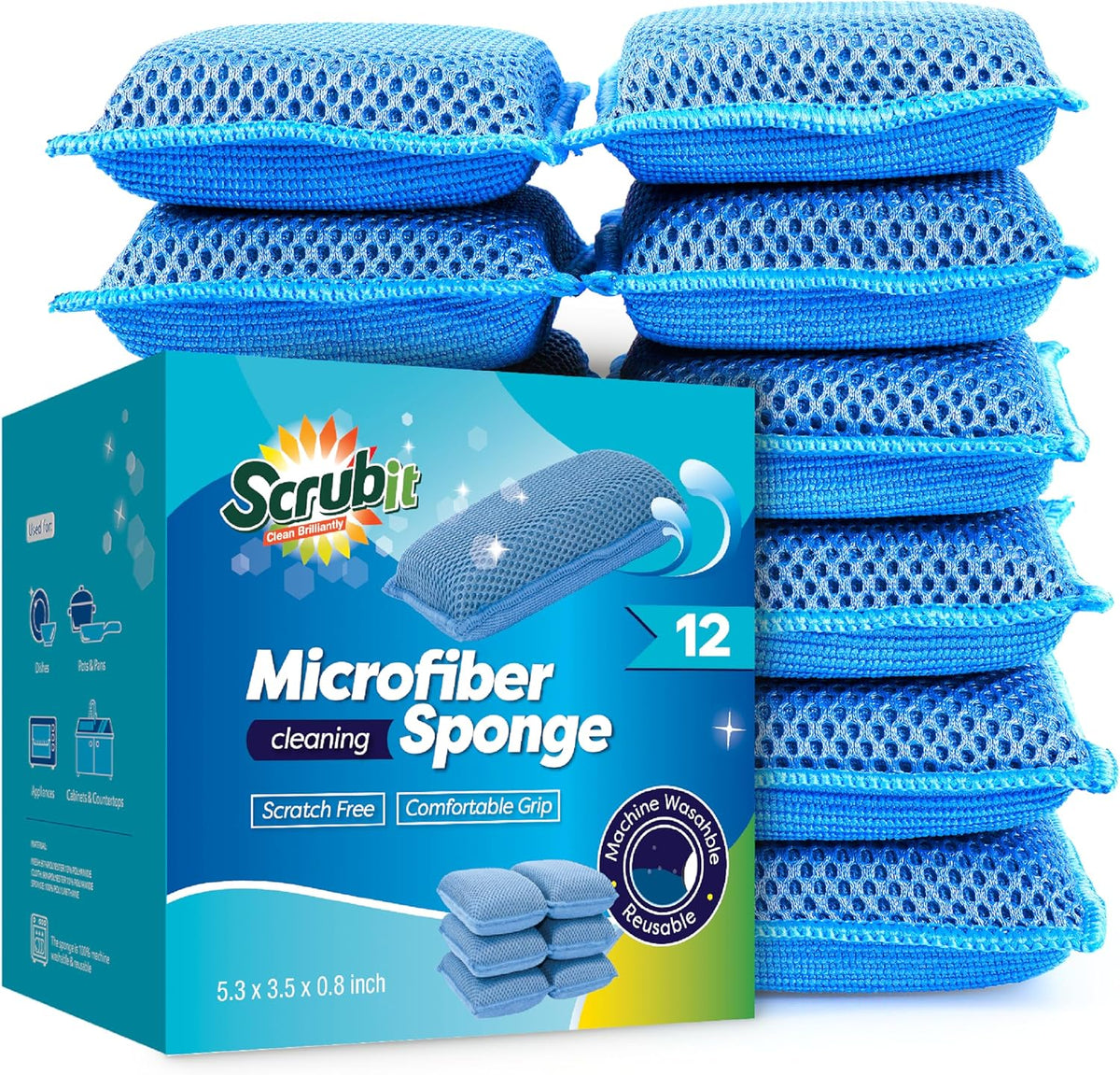 SCRUBIT Reusable Sponges for Dishes - 12 Pack Microfiber Sponges Kitchen Dish Scrubber, Machine Washable & Non-Scratch Scrubbers (Blue)