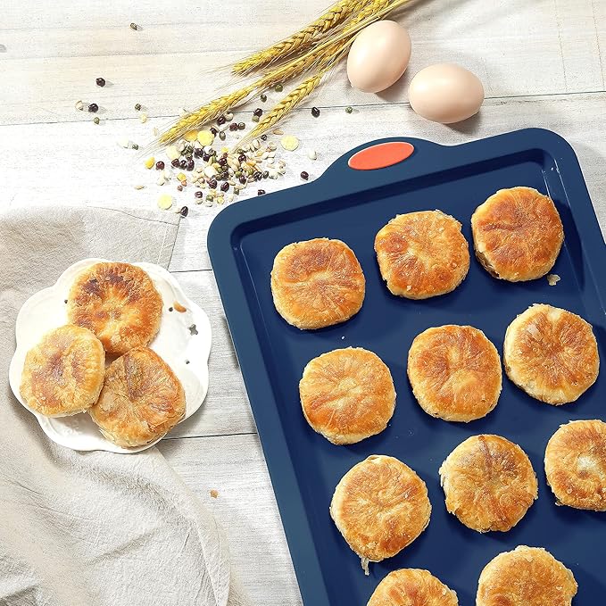 To encounter 8 in 1 Silicone Baking Set - 6 Cake Molds - 2 Silicone Baking Mat, Nonstick Cookie Sheet, Cake Muffin Bread Pan with Grips and Metal Reinforced Frame More Strength, Navy Blue