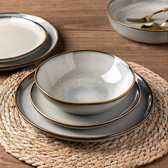AmorArc Ceramic Dinnerware Sets,Handmade Reactive Glaze Stoneware Plates and Bowls Sets,Highly Chip and Crack Resistant | Dishwasher & Microwave Safe Dishes Set,Service for 4 (12pc)