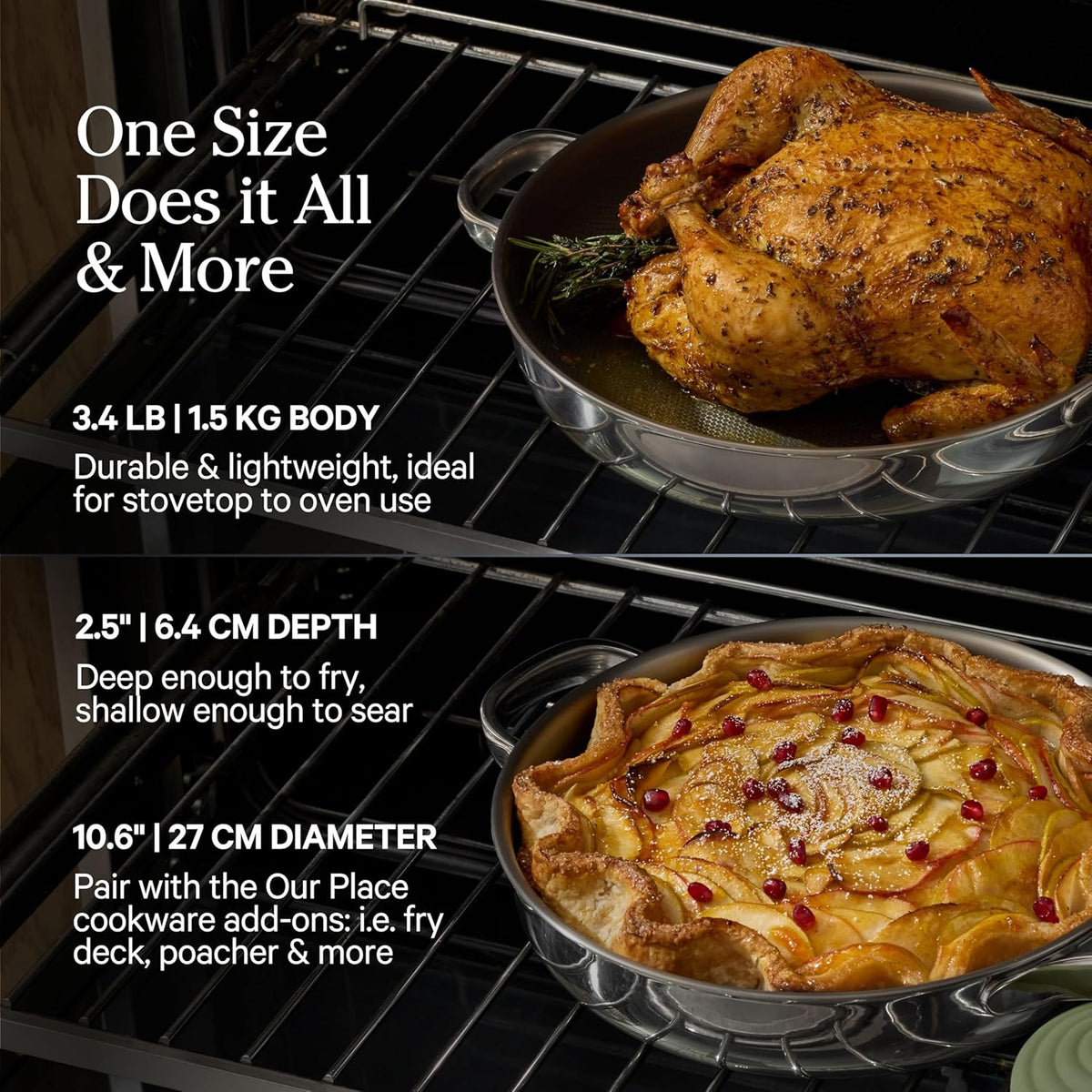 Our Place Titanium Always Pan Pro - 10.6” (2.8 Qt) No-Coating Nonstick Skillet | Tri-Ply Titanium & Stainless Steel | Safe for Oven, Induction & All Cooktops up to 1000°F | Includes Spatula | Chrome
