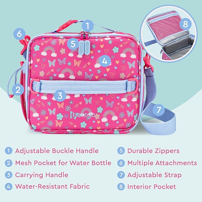 Bentgo Kids Lunch Bag - Double-Insulated, Reusable Lunch Bag for Kids 3+ with Adjustable Strap; Holds Lunch Box/Water Bottle/Snacks; Easy-Clean, Water-Resistant & Pockets (Rainbows & Butterflies)