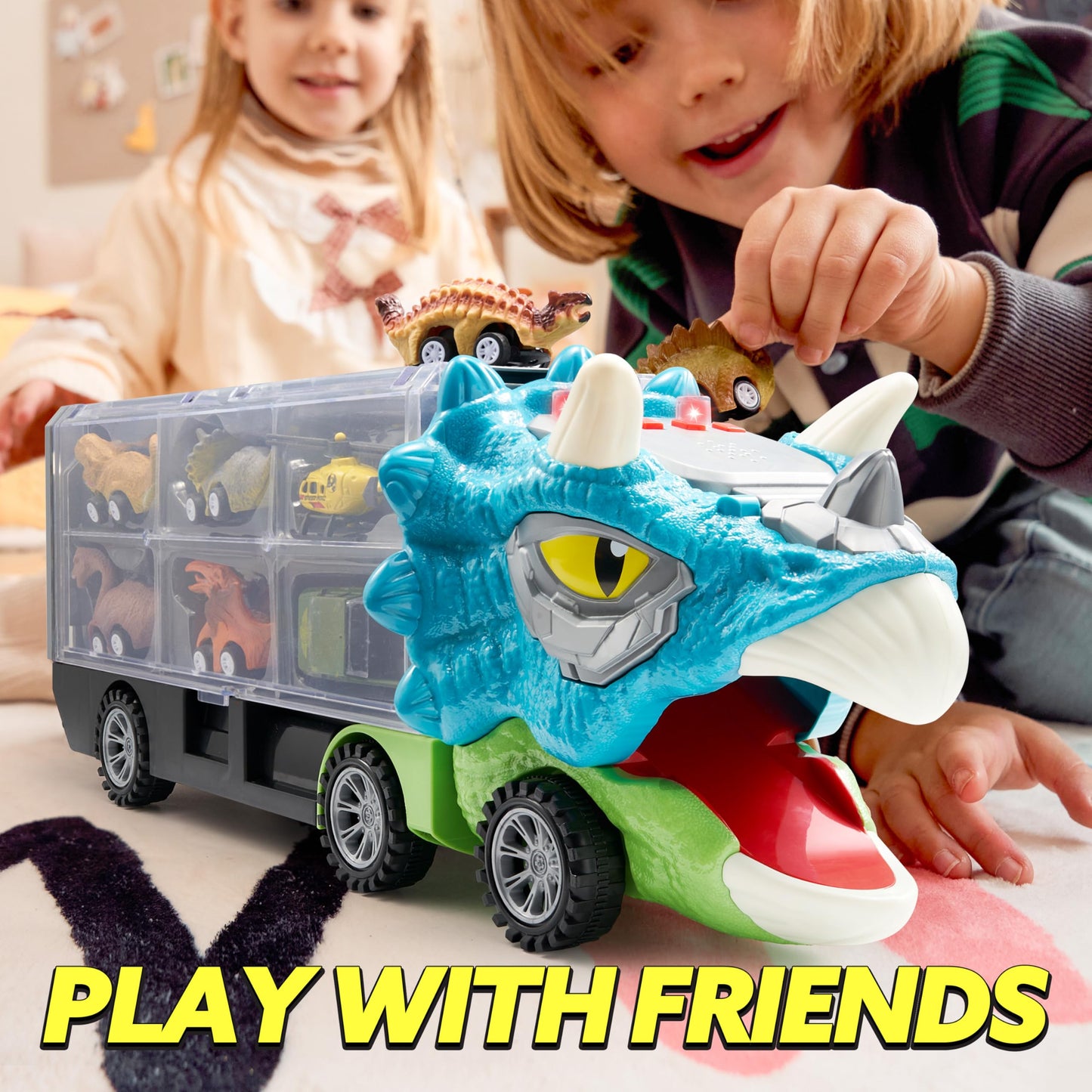 JOYIN 13 in 1 Dinosaur Toys for Kids 3-5, Triceraptor Dinosaur Truck with 12 Pull Back Cars, Birthday Gifts Toys for 3 4 5+ Year Old Boy, Transport Carrier Truck